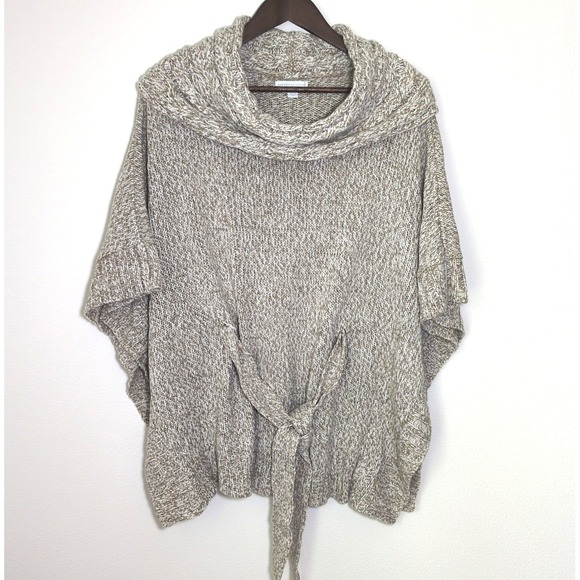 New York & Co Pullover Poncho Sweater Oatmeal Tan Cowl Neck L/Xl  Knit Tie Waist - Picture 1 of 6